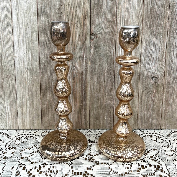 Vintage pair of hand-blown mercury glass tapered candlestick holders - mid century modern home decor - elegant gold and silver hues