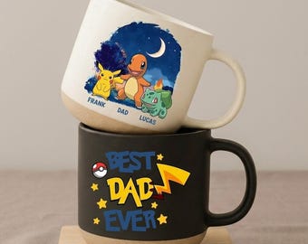 Pokedad Keramik Becher, Best Dad Ever Pokemon Becher, Personalisierte Papa mit Kindernamen Tasse, Vatertag Steingutbecher
