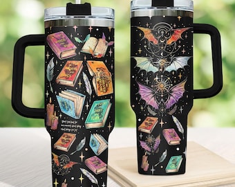 Multicolor Dragon 40oz Tumbler, Fantasy Book Tumbler With Handle, Dragon Wings Tumbler, Black Travel Mug, Gift for Book Lover