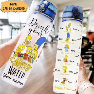 Botella de agua personalizada, botella de seguimiento de agua de Los Simpson, botella de agua de 32 oz, botella motivacional, botella de la familia Los Simpson, botellas de nombre