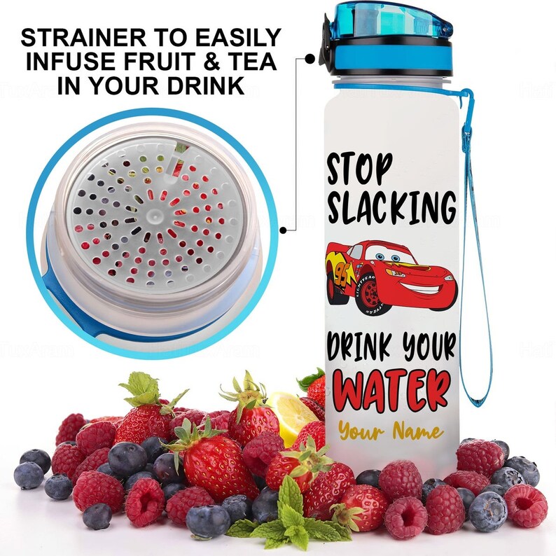 May include: White water bottle with a blue lid and a red cartoon car graphic. The bottle has a blue strap and the text "Stop Slacking Drink Your Water Your Name".