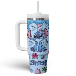 Disney Stitch Print 3D Effect Tumbler, Stitch Custom Name Tumbler With Handle, Lover Stitch Tumbler, Lilo And Stitch Tumbler