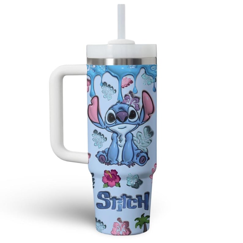 Disney Stitch Print 3D Effect Tumbler, Stitch Custom Name Tumbler With Handle, Lover Stitch Tumbler, Lilo And Stitch Tumbler