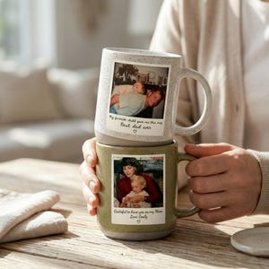 Gepersonaliseerde aardewerkmok met foto, cadeau voor moeder vader, aangepaste polaroidfotomok, cadeau van dochter, aangepaste mok cadeau voor moeder, beker foto