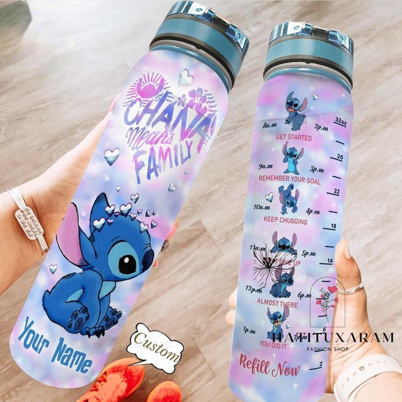 Ohana Means Family Water Bottle, Personalized Stitch Bottle, Disney Water Bottle, Stitch 32Oz Water Bottle, Motivational Bottle