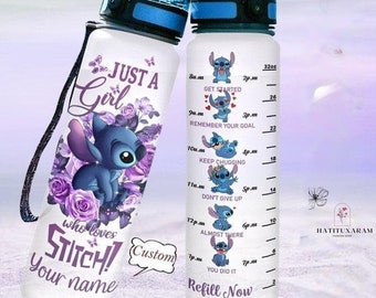 Stitch Water Bottle, Stitch Drink Bottle, 32oz Water Tracker Bottle, Stitch Fitness Bottle, Funny Water Bottle, Personalized Bottle