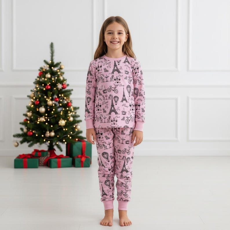 Paris Family Pajamas, Eiffel Tower Long Pajamas, Pink Paris Long Tee & Pants PJs, Family Matching Pajamas Set, Family Sleepwear Xmas Gi