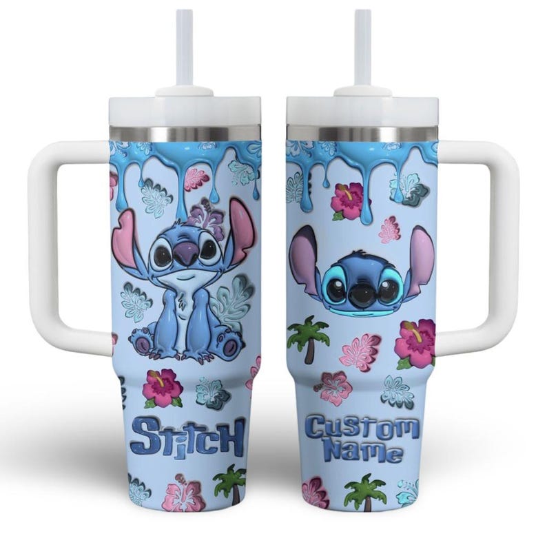 Disney Stitch Print 3D Effect Tumbler, Stitch Custom Name Tumbler With Handle, Lover Stitch Tumbler, Lilo And Stitch Tumbler