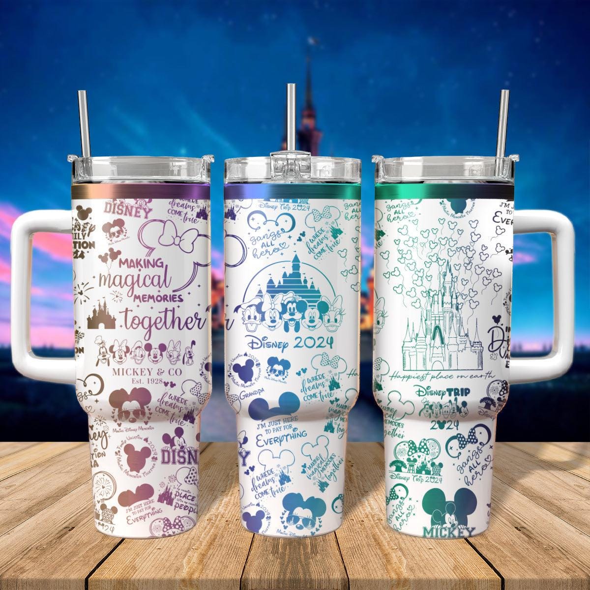 Disney Mickey Minnie Tumbler, Disney Vacation Family Trip Cartoon Tumbler, Engraved Tumbler 40oz, Stainless Steel Tumbler With Handle