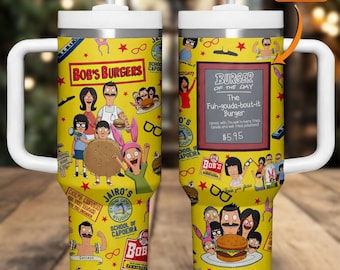 Bob’s Burgers 40oz Tumbler With Handle, Cartoon Family Cup, Custom Burger Menu Stainless Steel Travel Mug, Funny Animation Gift
