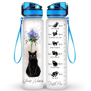 黒猫の花タンポポ 32 オンス ウォーターボトル、タイムマーカー付きパーソナライズ猫ボトル、猫のモチベーションボトル、友人へのギフト