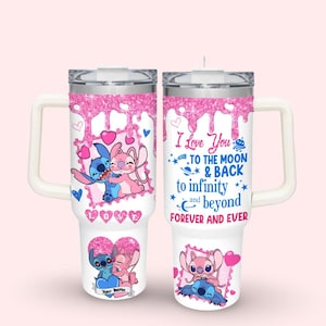 Stitch And Angel Valentines Tumbler, Her Stitch His Angel Tumbler, Disney Valentine Tumbler, Disney Personalized Couple 40oz Tumbler