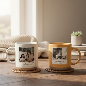 May include: Two ceramic mugs with photos and text. One mug is white with the text "Forever you little girl I love you Mom." The other mug is yellow with the text "Happy Mother's day Love mom, Sophia."