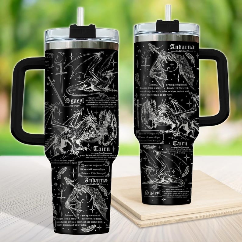 Dragon Rider 40oz Tumbler, Dark Fantasy Tumbler With Handle, Bookish Mug, Engraved Stainless Straw Lid, Fourth Wing Coffee Cup, Reader