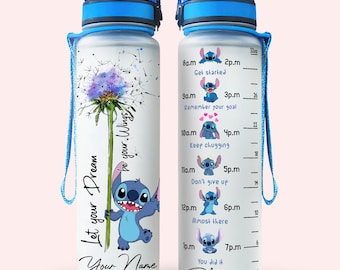 Bouteille d'eau Stitch fleurs de pissenlit, bouteille de dessin animé Lilo Stitch, gourde de sport, gourde personnalisée, bouteille Disneyland 32 oz