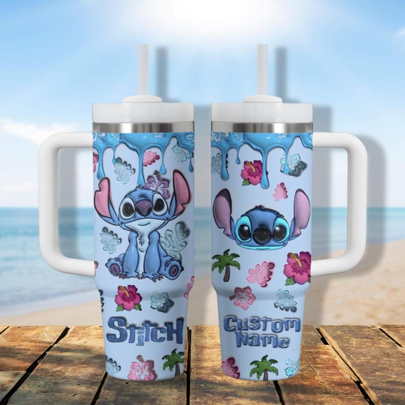 Disney Stitch Print 3D Effect Tumbler, Stitch Custom Name Tumbler With Handle, Lover Stitch Tumbler, Lilo And Stitch Tumbler