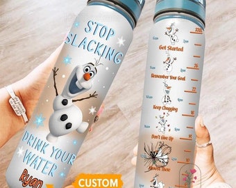 Olaf Water Tracker Bottle, Frozen Olaf Water Bottle, Personalized Water Bottle, Bottle With Time Tracker, Disney Snowman Bottle
