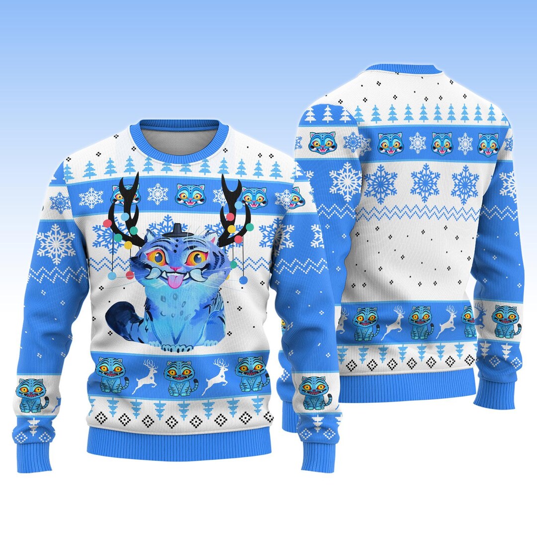 Suéter feo navideño de tigre demonio, suéter navideño de tigre azul ...