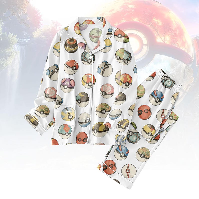 Poke Monster Ball Thick Pajama Set, Anime Ball Long Thick Pajamas, Gamer Long Pyjama, Family Matching PJs Set, Gift for Wibu