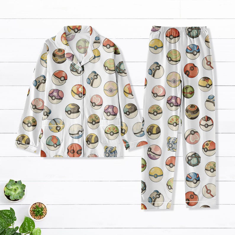 Poke Monster Ball Thick Pajama Set, Anime Ball Long Thick Pajamas, Gamer Long Pyjama, Family Matching PJs Set, Gift for Wibu