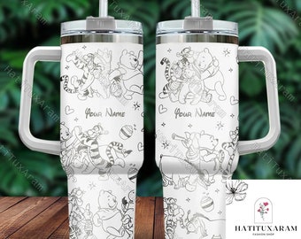 Pooh And Friends Tumbler, Pooh Bear Tumbler, 40oz Stainless Steel Tumbler, Pooh Tumbler With Handle And Lid, Pooh Tumbler