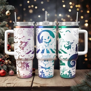 Disney Nightmare Weihnachten gravierter Becher, Kürbiskönig Becher, Jack Sally Becher, Halloween gruselige Tasse, personalisierter Becher 40 Unzen