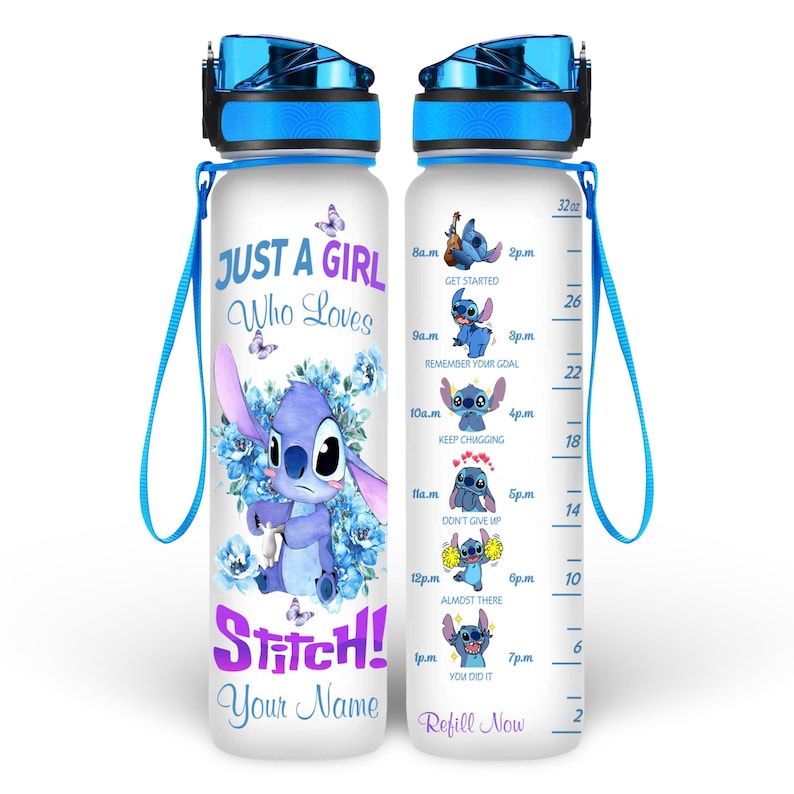 Personalized Stitch 32oz Water Bottle, Disney Stitch Bottle With Time Marker, Cute Stitch, Stitch Drink Bottle, Lilo And Stitch Bottle