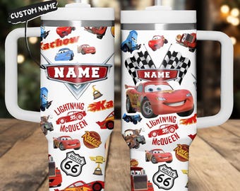 Vaso de Rayo McQueen de 40 oz, vaso Disney personalizado con nombre y asa, vaso McQueen de 40 oz, taza Disney de acero inoxidable, regalo para fanáticos de Disney