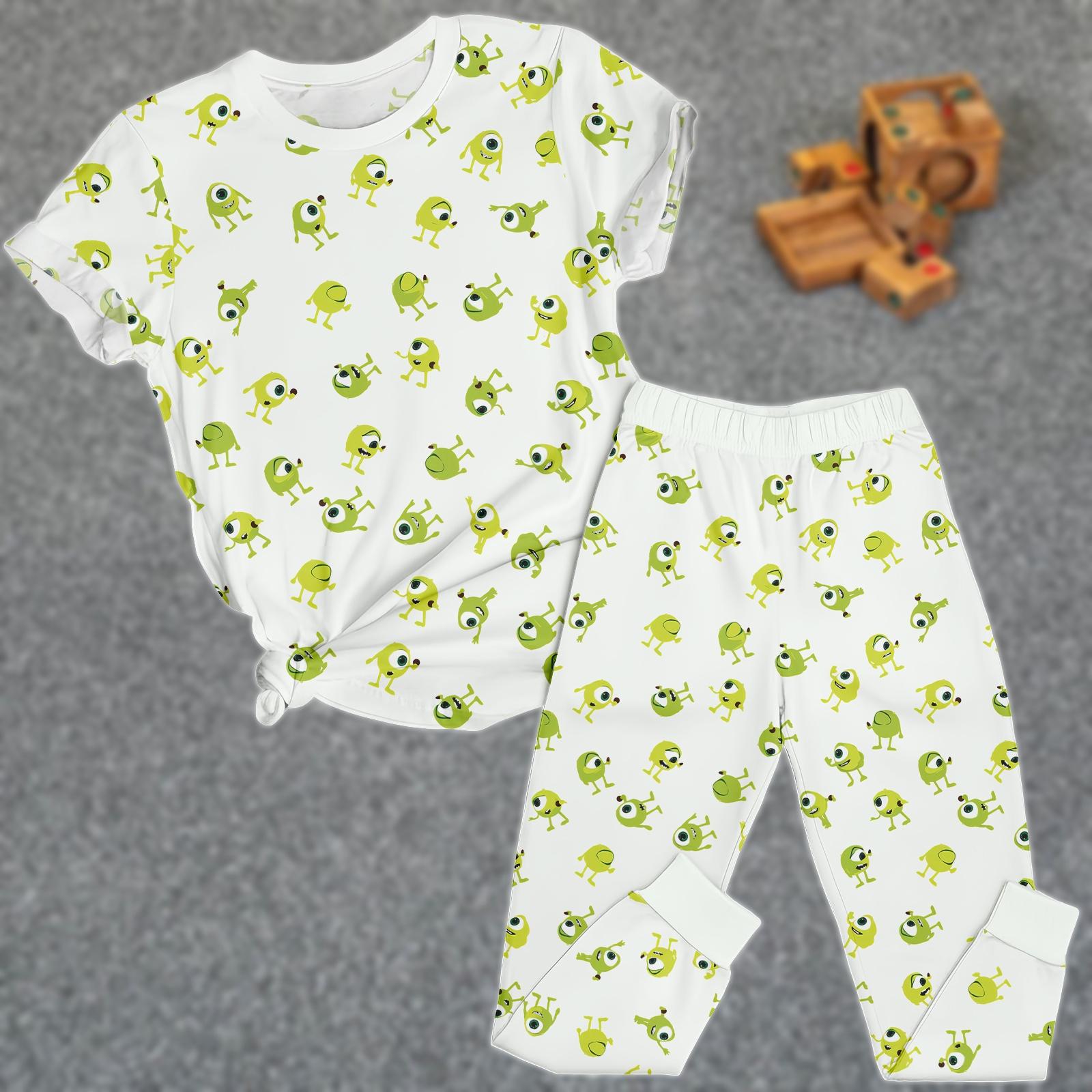 Discover Monster Tee & Pants PJs, Green Monster Matching Pajamas Set, Cartoon T-Shirt Pyjama, Family Homewear, Gift for Movie Fans