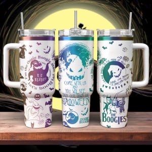 May include: Three white Halloween-themed tumblers with handles and straws. Each tumbler features a different design with characters and phrases like "Oogie Boogie" and "Come with us and you will see our town of Halloween."