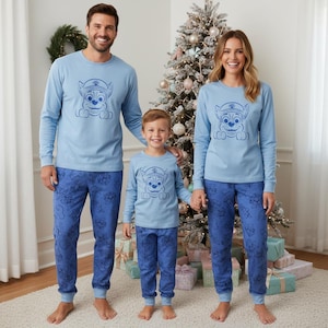 Blue Puppy Family Pajamas, Long Family Pajamas, Xmas Long Sleeve PJs, Kids Pajamas Set, Family Sleepwear Xmas Gift