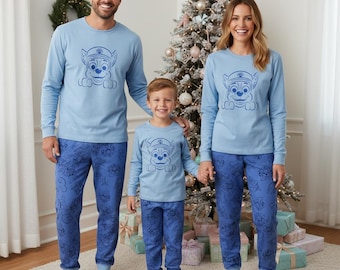 Blue Puppy Family Pajamas, Long Family Pajamas, Xmas Long Sleeve PJs, Kids Pajamas Set, Family Sleepwear Xmas Gift