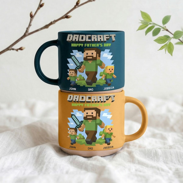 Personalized Gamer Dad Mug, Dadcraft Pottery Mug, Custom Kids Names Mug, Gamer Dad Gift, Father's Day Gift, Minecraft Dad & Kids Mug