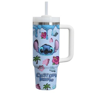 Disney Stitch Print 3D Effect Tumbler, Stitch Custom Name Tumbler With Handle, Lover Stitch Tumbler, Lilo And Stitch Tumbler