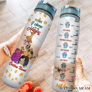 Disney Cat Water Tracker Bottle, Disney Cats Character Bottle, Cartoon Water Bottle, Cheshire Cat, Custom Name Cat Bottle