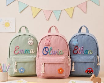 Custom Corduroy Backpack With Name, Personalized Kids Backpack, Toddler School Bag For Boys Girls