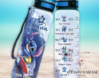 Botella de agua Stitch con rastreador de agua, botella de agua Stitch personalizada, botella Ohana Means Family, botella motivacional Stitch, botella Stitch para gimnasio