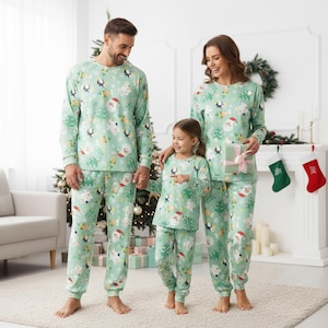 Christmas Family Pajamas, Santa Long Pajamas, Green Winter Long Tee & Pants PJs, Family Matching Pajamas Set, Family Sleepwear Xmas Gif