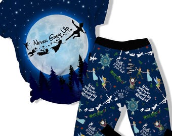 Maglietta e pantaloni del pigiama Disney Peter Pan Never Grow Up, maglietta di Trilli e Capitan Uncino, pigiama Disneyland, pigiama da donna, pigiama per tutta la famiglia