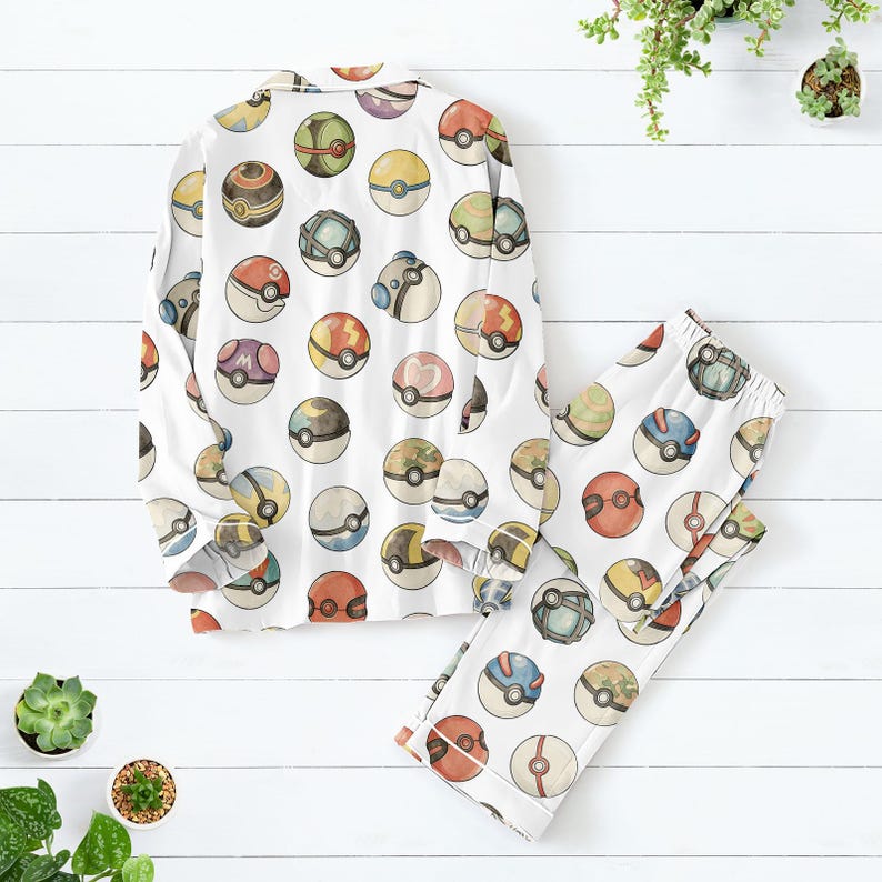 Poke Monster Ball Thick Pajama Set, Anime Ball Long Thick Pajamas, Gamer Long Pyjama, Family Matching PJs Set, Gift for Wibu