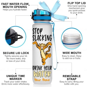 May include: White water bottle with a blue lid and strap. The bottle has a graphic of a cartoon tiger with the text "Stop Slacking" and "Drink Your Water".