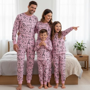 Paris Family Pajamas, Eiffel Tower Long Pajamas, Pink Paris Long Tee & Pants PJs, Family Matching Pajamas Set, Family Sleepwear Xmas Gi