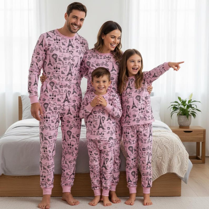 Paris Family Pajamas, Eiffel Tower Long Pajamas, Pink Paris Long Tee & Pants PJs, Family Matching Pajamas Set, Family Sleepwear Xmas Gi