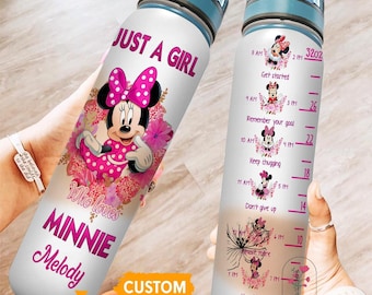 Botella de agua de Minnie con rastreador de agua, botella de Minnie con nombre personalizado, botella de Disney Minnie Mickey, botella con correa de 32 oz, botella con nombre Disney