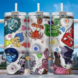 Vaso de la película Intensa-Mente, con efecto inflado 3D, con alegría, miedo y asco, emociones y amigos, de acero inoxidable de 40 oz.