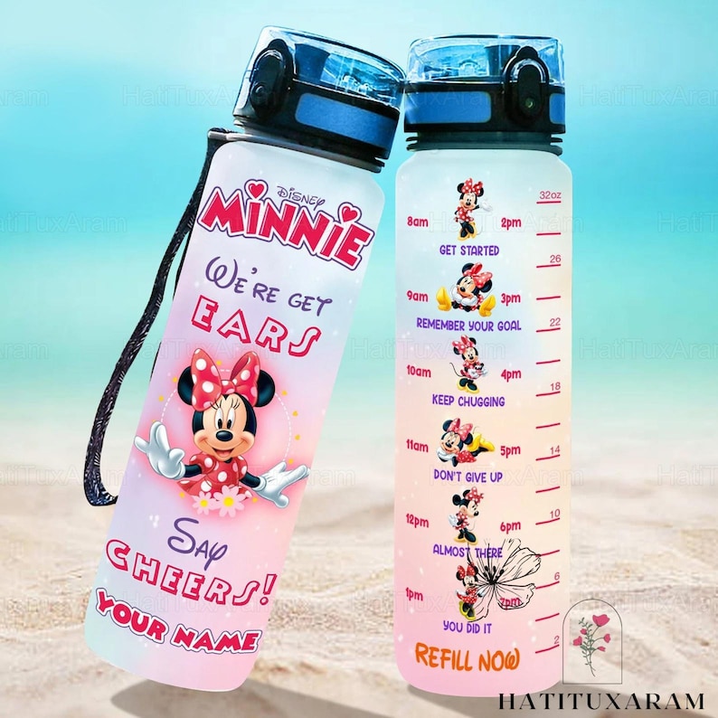 Minnie Water Tracker Bottle, Disney Minnie Bottle, Custom Bottle, Minnie Motivational Bottle, Mickey Water Bottle, 32oz Water Bottle