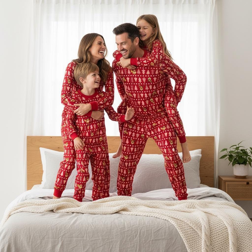 Pyjamas Famille Noël - Ensemble Rouge Avec Motifs Sapin Et Ours, Tailles Adultes Et Enfants - Pour Soirées Fêtes, Photos Souvenirs