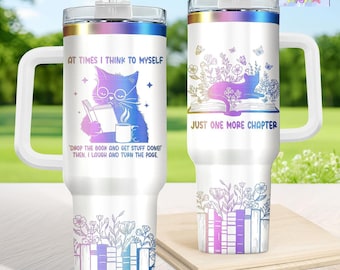 Cat Reading Book Engraved Tumbler 40oz, Personalized Cat Lover Tumbler, Bookish Cat Gifts for Her, Gift for Book Lover, Cat Lover Merch