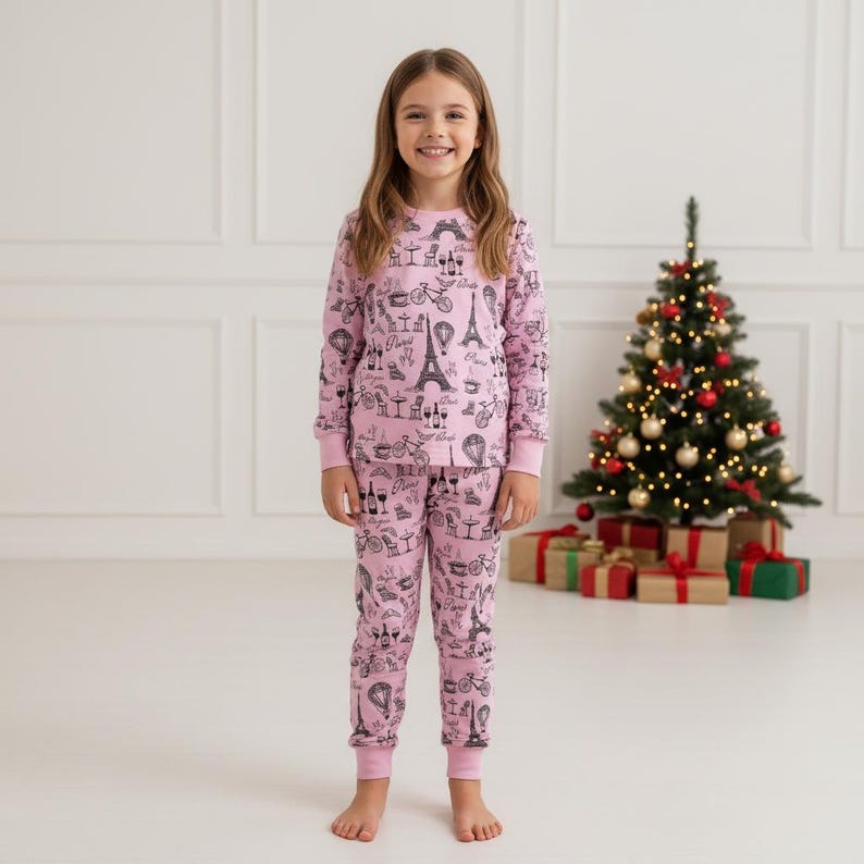 Paris Family Pajamas, Eiffel Tower Long Pajamas, Pink Paris Long Tee & Pants PJs, Family Matching Pajamas Set, Family Sleepwear Xmas Gi