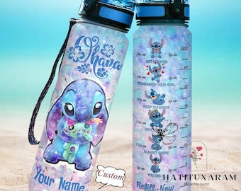 Stitch Water Tracker fles, gepersonaliseerde Stitch fles, Stitch fles, Stitch 32Oz waterfles, Stitch Ohana betekent familiefles